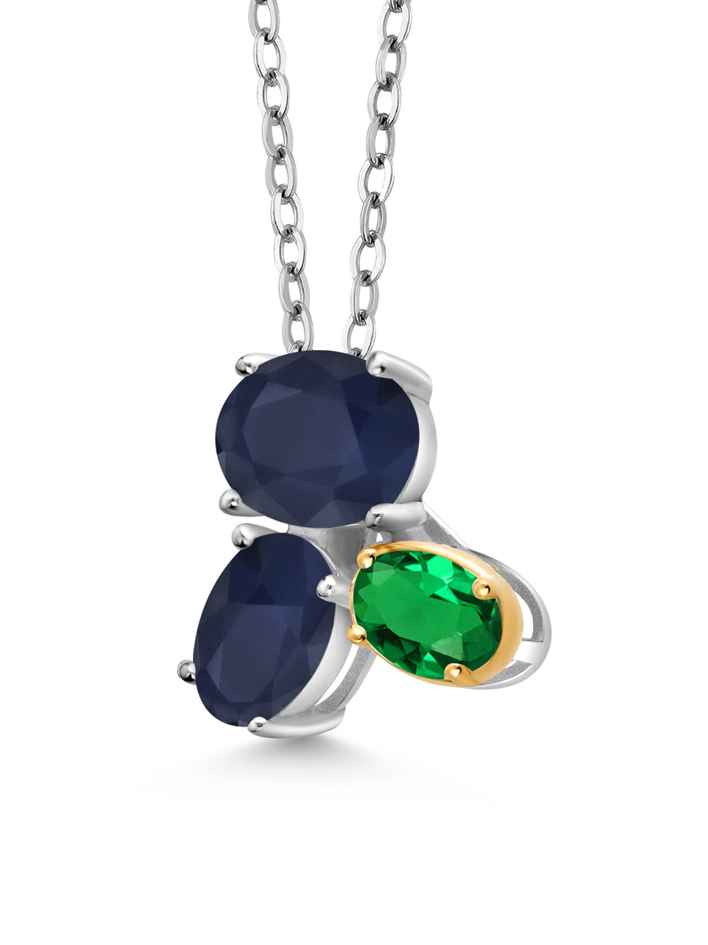 925 Silver 10K Yellow Gold Blue Sapphire Green Nano Emerald Pendant Necklace with 18 inch Chain U172075