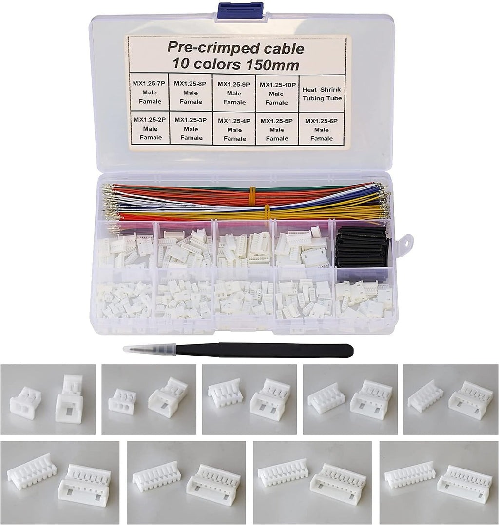 MX 1.25 Male Female Connector Kit with Pre-Crimped Cables, 240pcs Connectors and 200pcs 28AWG Cable R36828