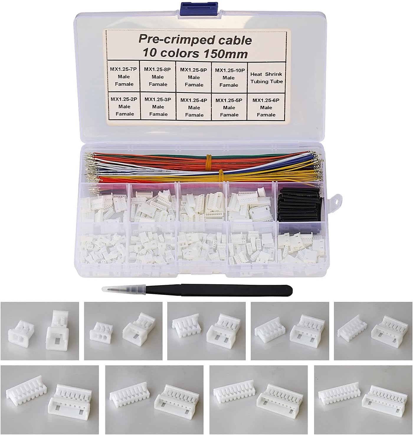 MX 1.25 Male Female Connector Kit with Pre-Crimped Cables, 240pcs Connectors and 200pcs 28AWG Cable R36828