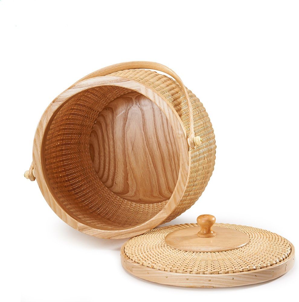 Natural ash wood and cane round baskets with swing handle removable lids X7512