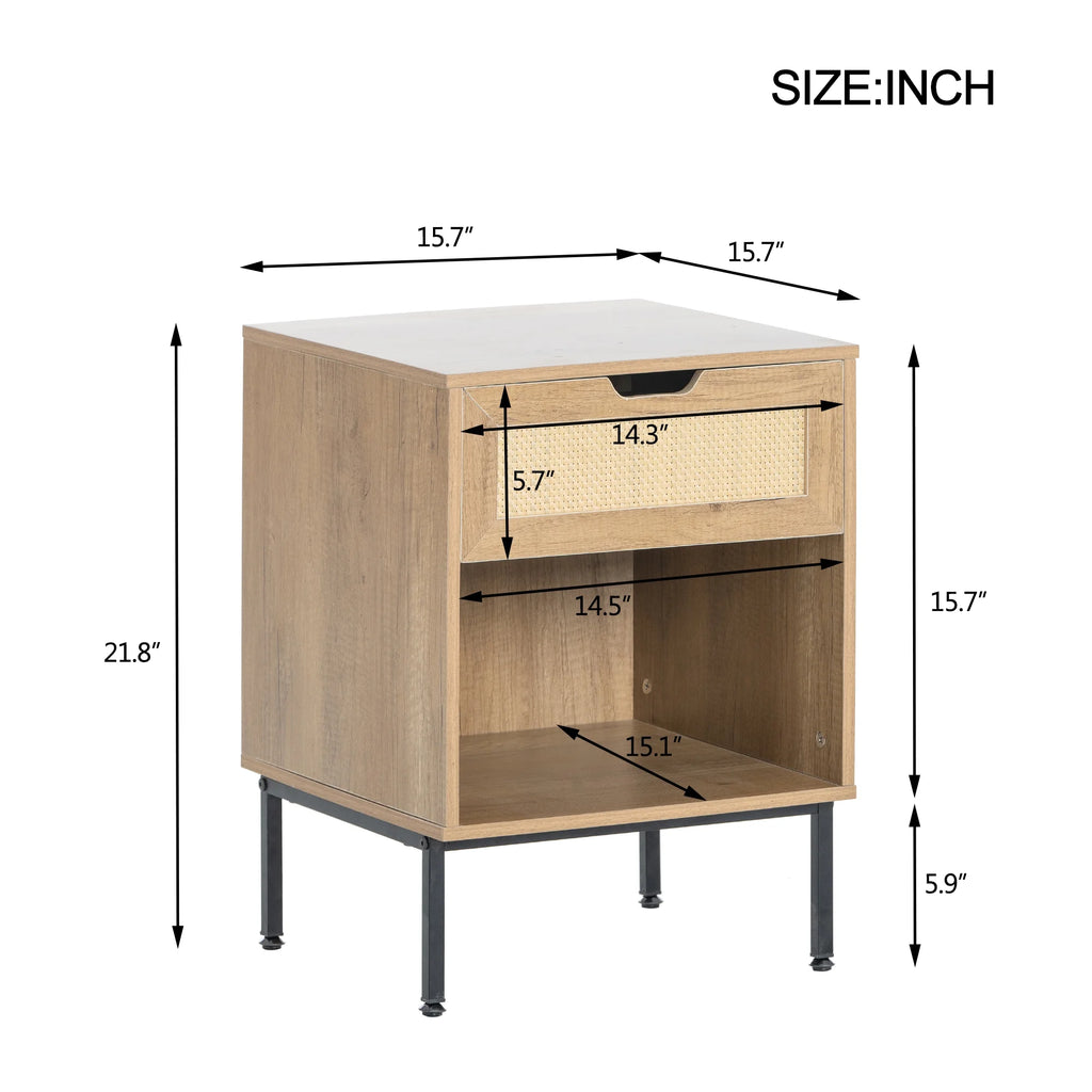 Natural Nightstand with Rattan Door and Open Storage U45102