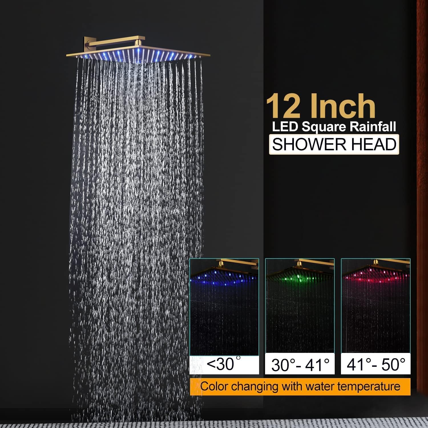 Brushed Gold Wall Mounted 12 Inch LED Rainfall Shower System With 6 PCS Body Jets K3485