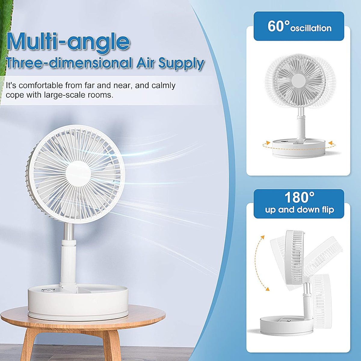 Portable Oscillating Standing Fan with Remote Controller, 7.8 Foldable Desk Fan, 7200mah Rechargeable & USB Quiet, Mini Folded Floor Fan K6137