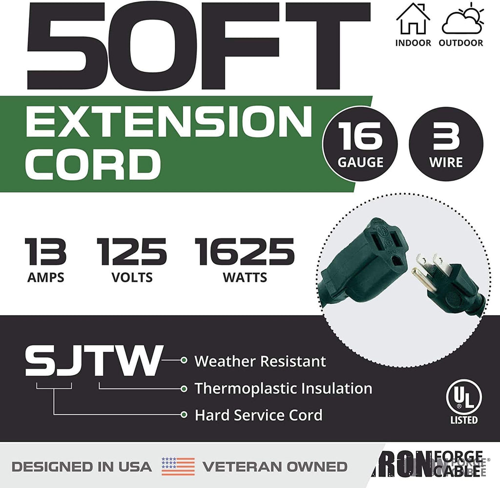 2 Pack 50 Foot Outdoor Extension Cords, 16/3 SJTW Green Cable with 3 Prong Grounded Plug G994