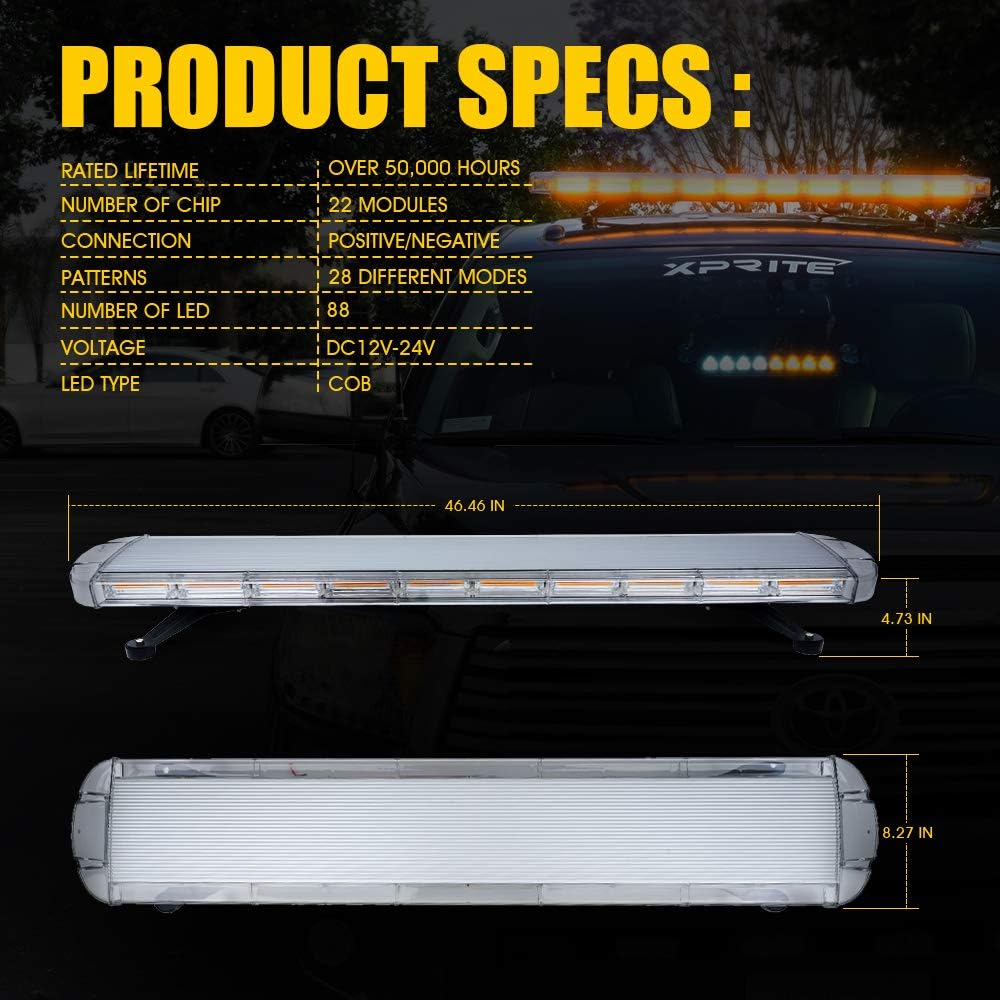 47 Inch COB LED Amber Rooftop Emergency Strobe Lights Bar with Adjustable Mounting Brackets H387