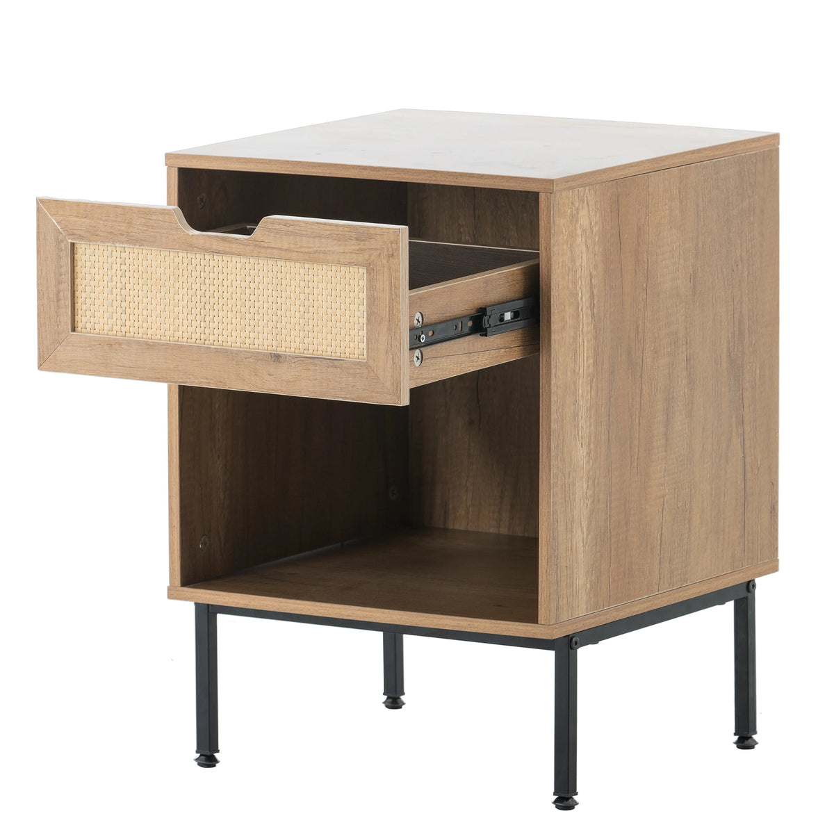 Natural Nightstand with Rattan Door and Open Storage U45102