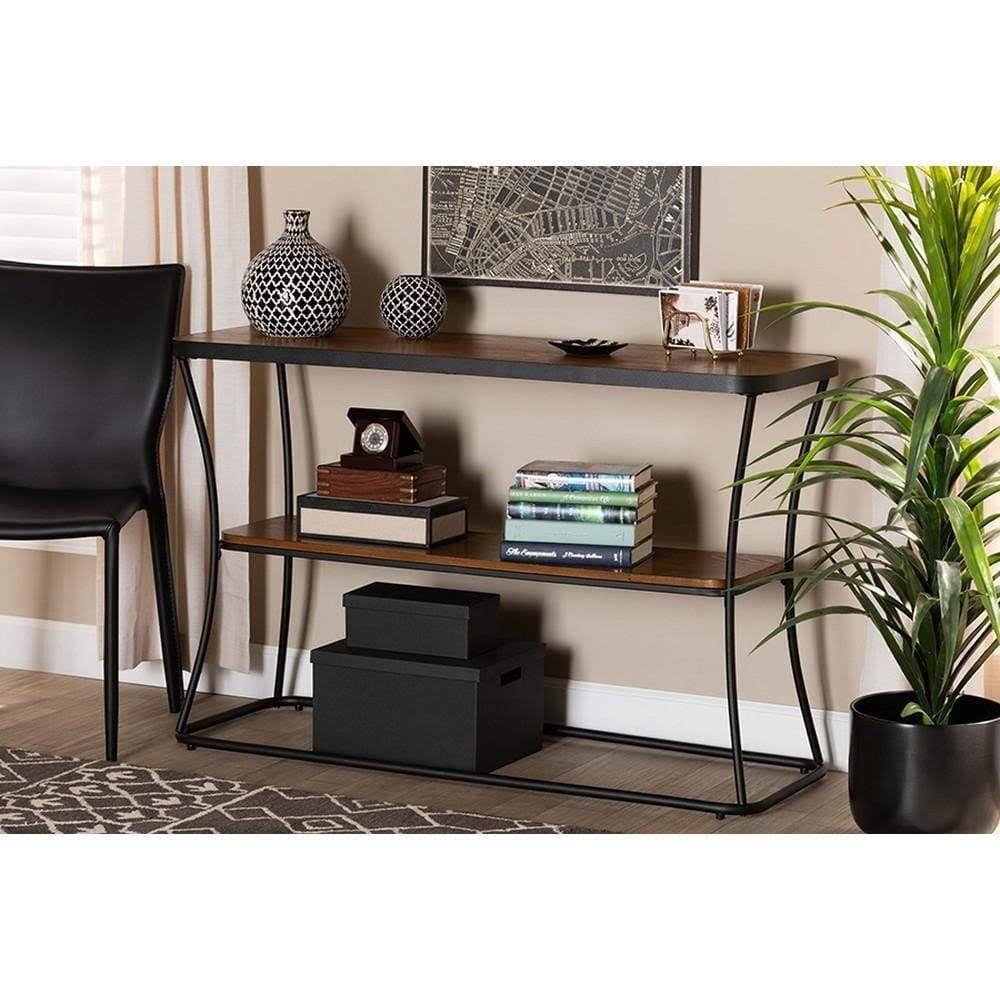 Rustic Industrial Walnut Brown Wood and Black Metal Console Table S547