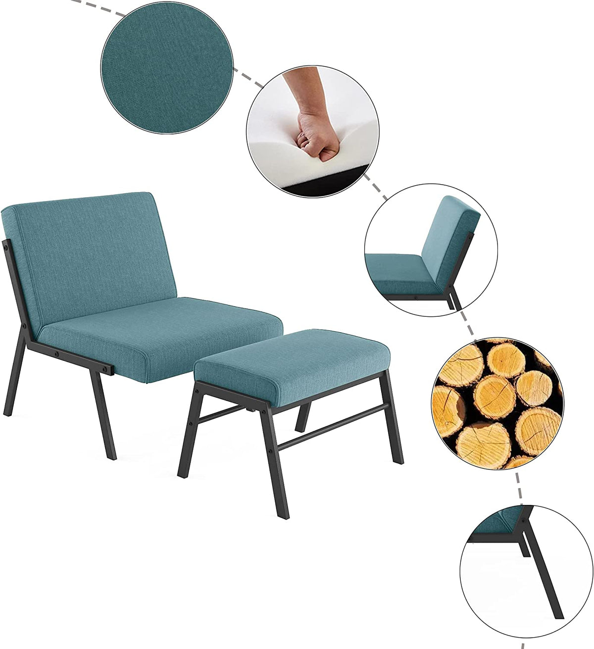 Blue Linen Upholstered Accent Chair with Ottoman H9274