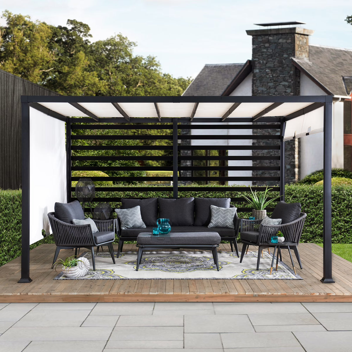 10 ft. x 12 ft. Modern Steel Pergola with White Adjustable Shade O31314
