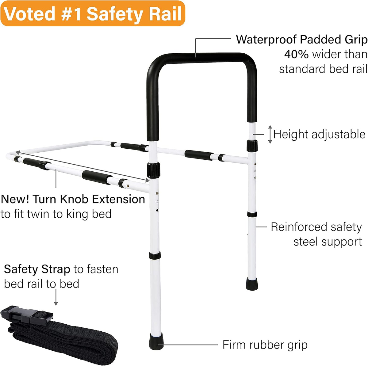 Adjustable Bed Assist Rail Grab Bar, White/Black, Pack of 2 Q262729