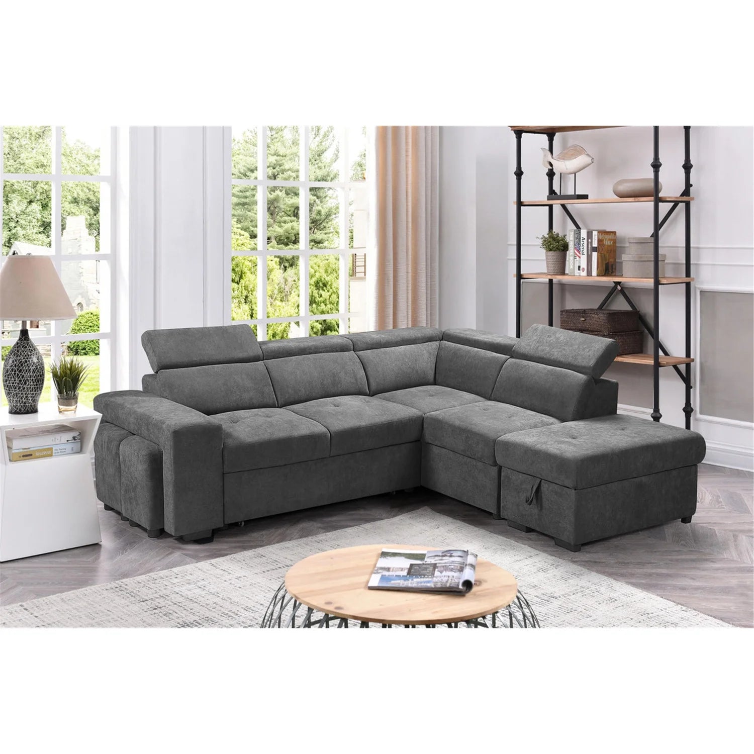 Light Gray Sleeper Sectional Sofa with Storage Ottoman and 2 Stools F682156
