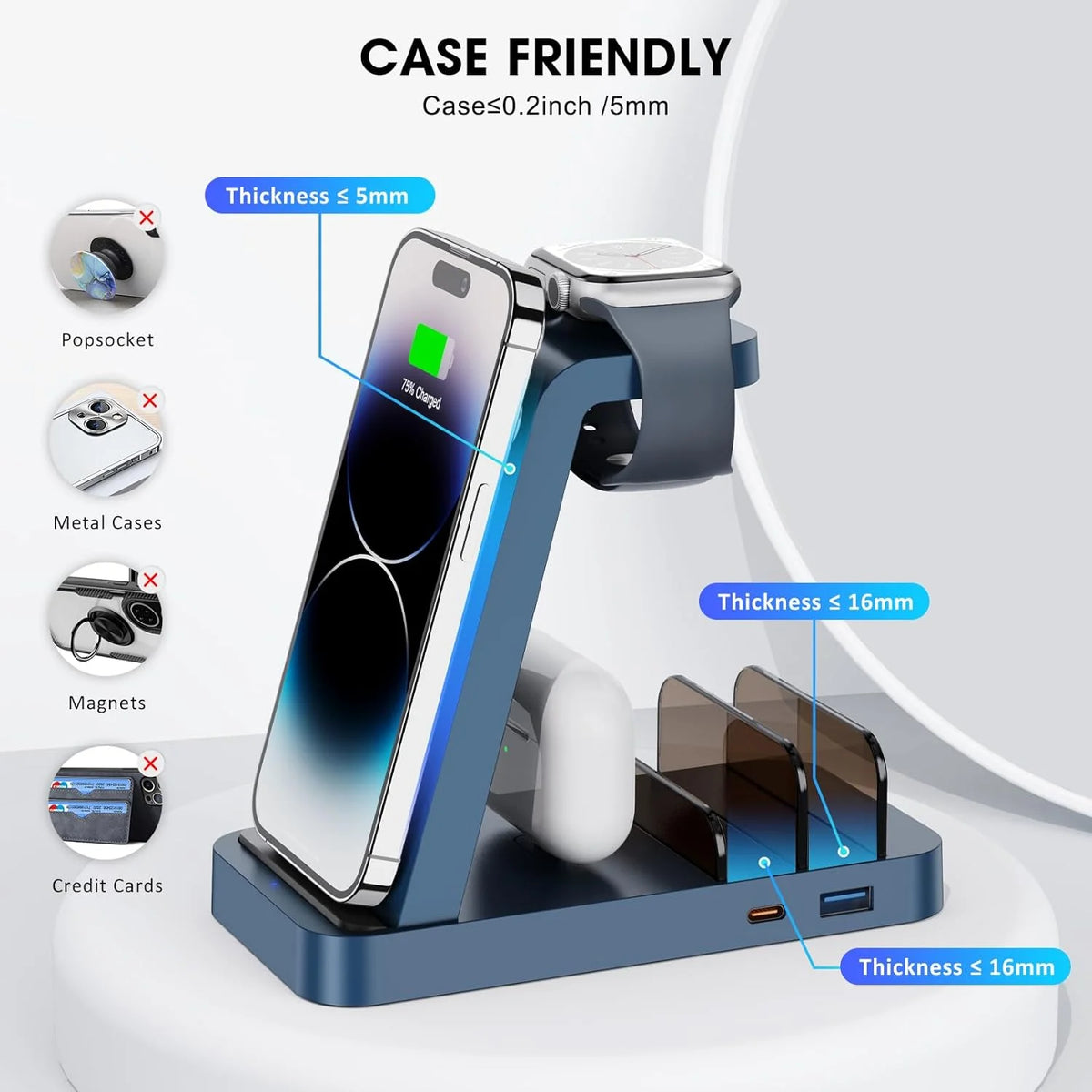 5 in 1 Wireless Charging Stand Dock for iPhone Apple Watch Airpods (Blue) A724734