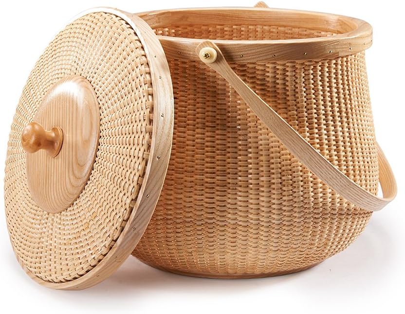 Natural ash wood and cane round baskets with swing handle removable lids X7512