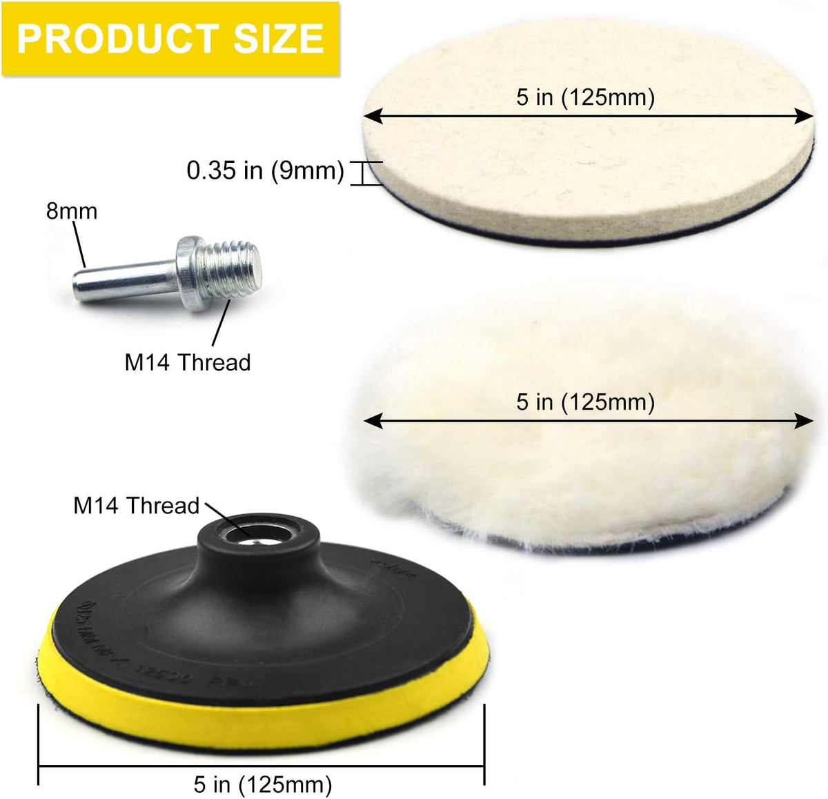 6 Inch 8PCS Wool Buffing Pads Kit with 5/8''-11 Thread Hook & Loop Backer Plate M727298
