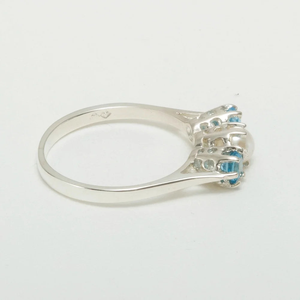 925 Sterling Silver Cultured Pearl & Blue Topaz Engagement Ring O92644