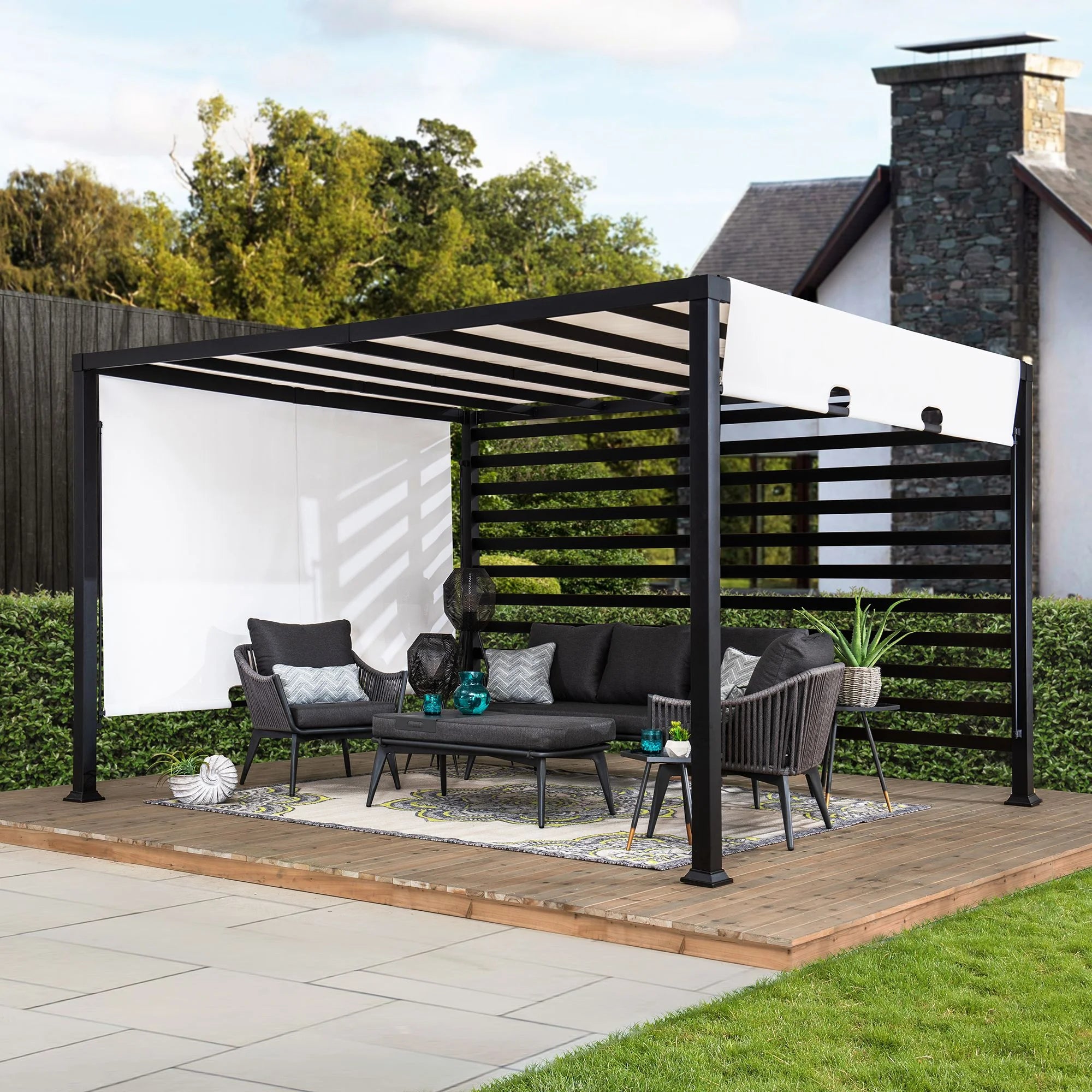 10 ft. x 12 ft. Modern Steel Pergola with White Adjustable Shade O31314