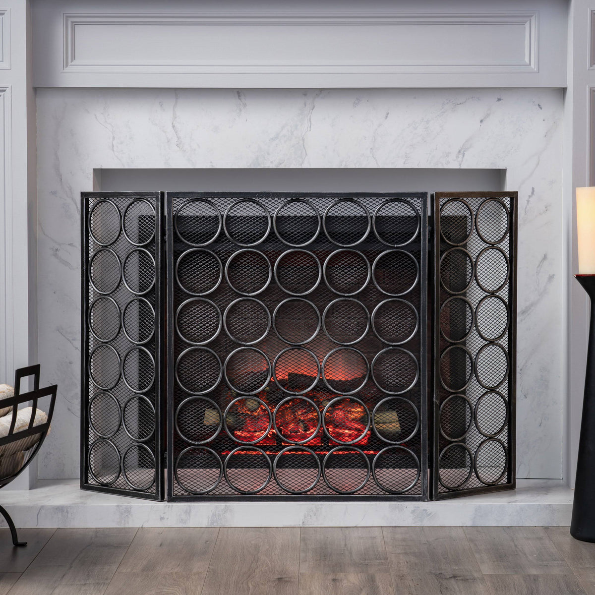 Black Silver Three Panel Iron Firescreen P820416