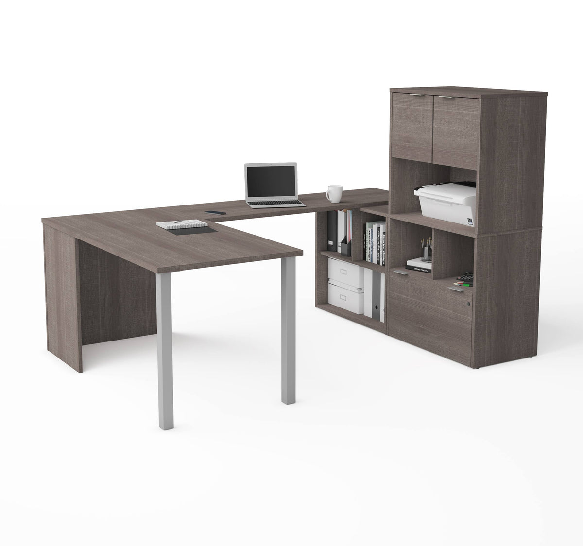 Bark Gray U-Desk with Hutch P4001