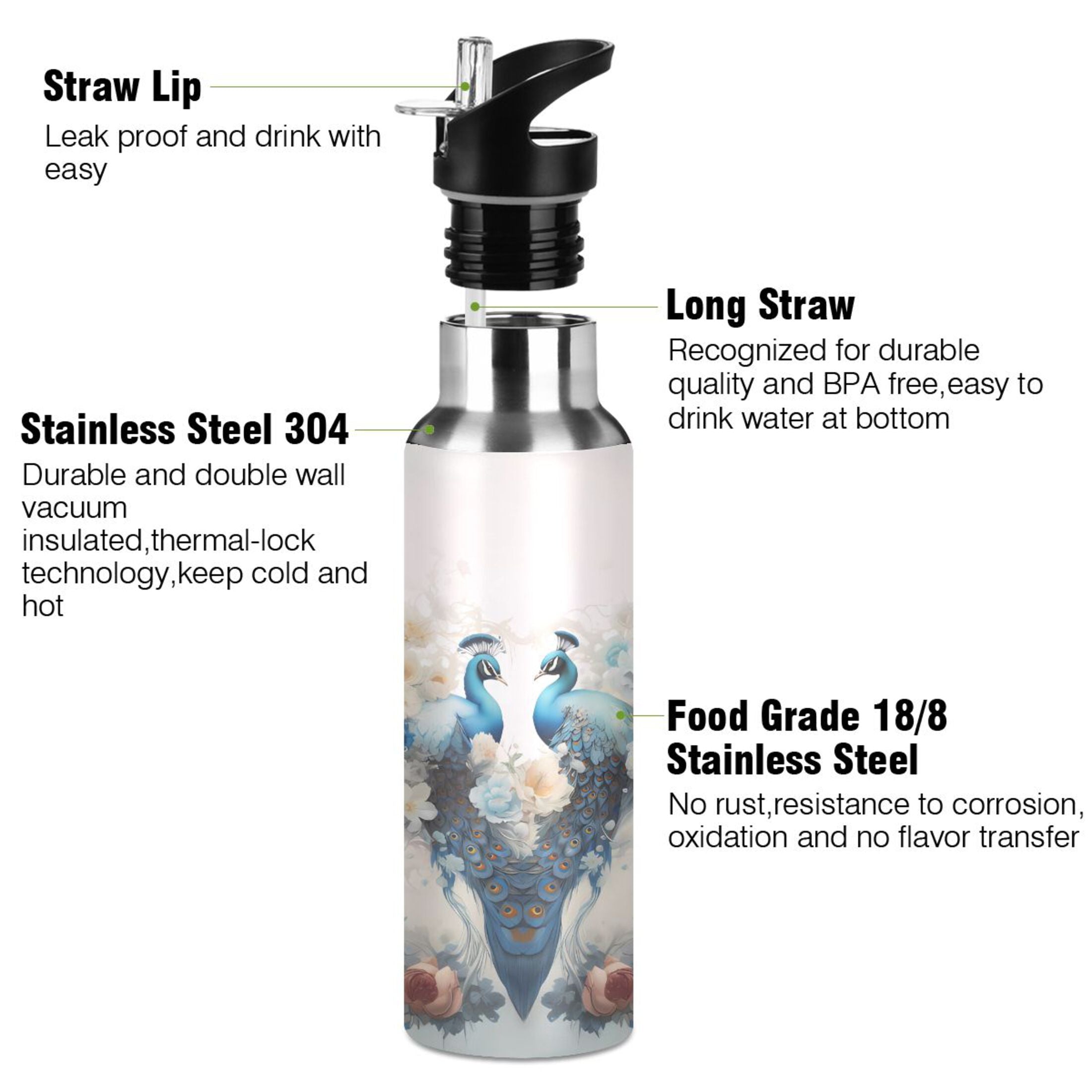 Stainless Steel Insulated Thermos Vacuum Flask Water Bottle with Straw Lid H950