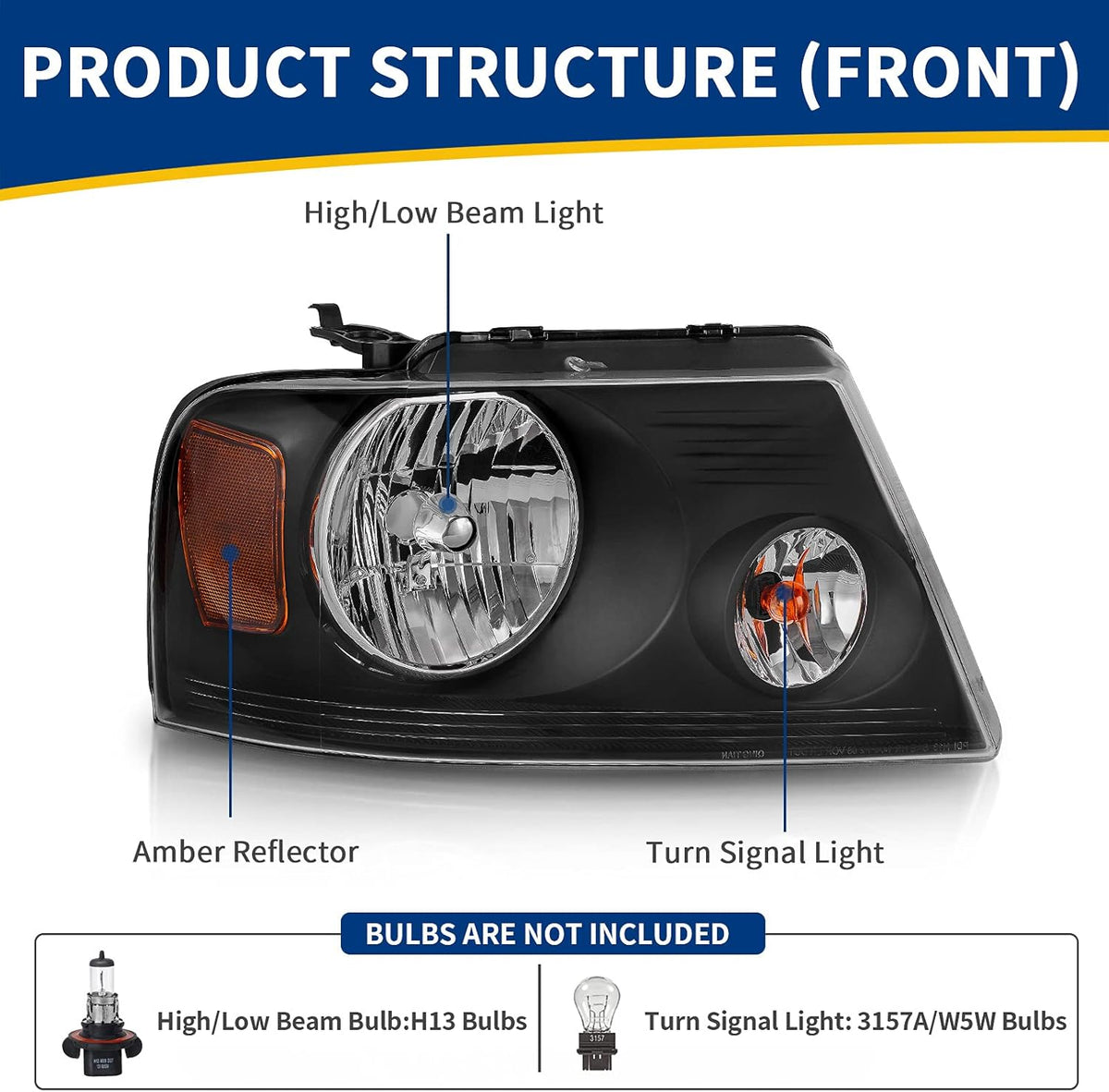 Headlight Assembly for 2004-2008 Ford F-150, Black Housing Clear Lens Amber Reflector N2369