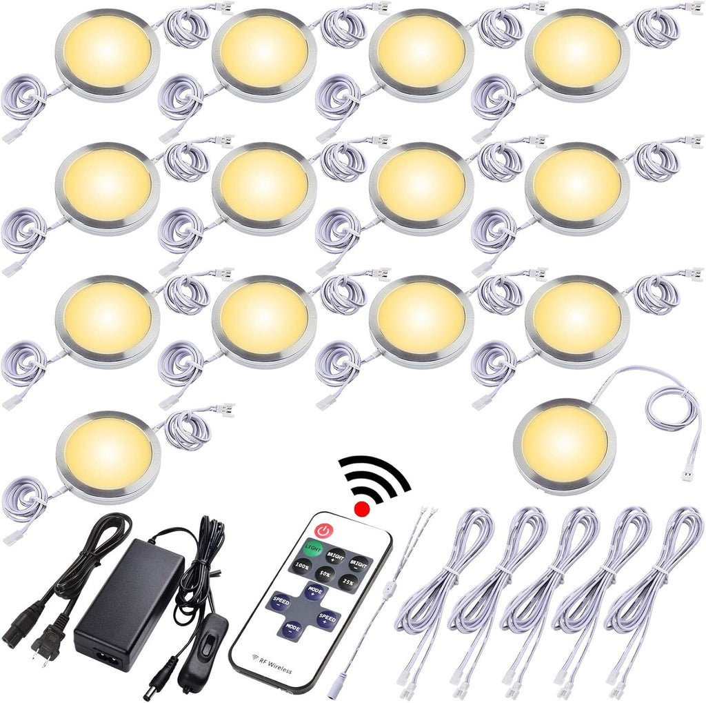 Under Cabinet LED Puck Lights, Dimmable Wireless RF Remote Control, Linkable Wired, AC120V to DC12V, Hardwired or Wall Plug, 14 Lights, Warm White O189635