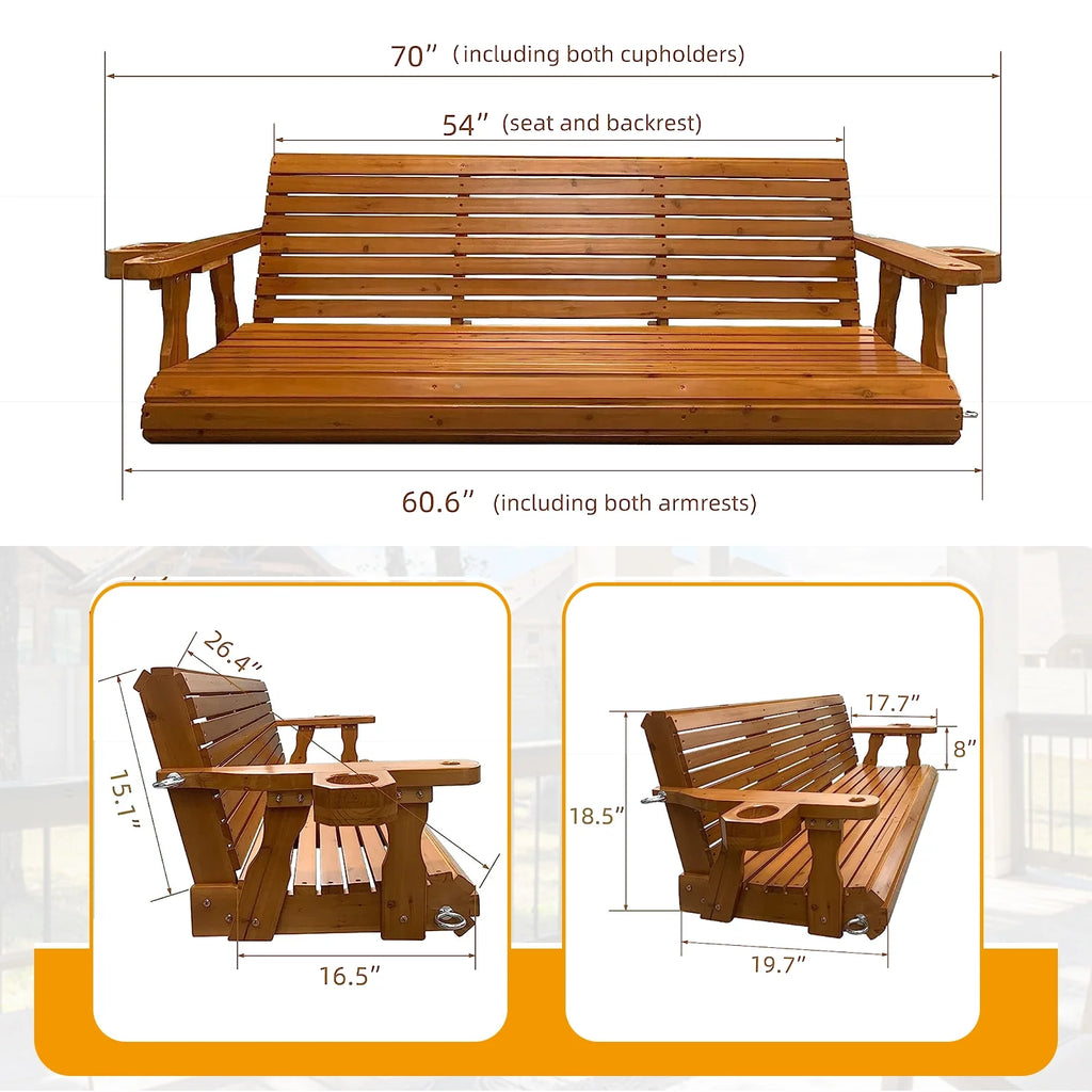 Brown Outdoor Wood Porch Swing with Cup Holders L540