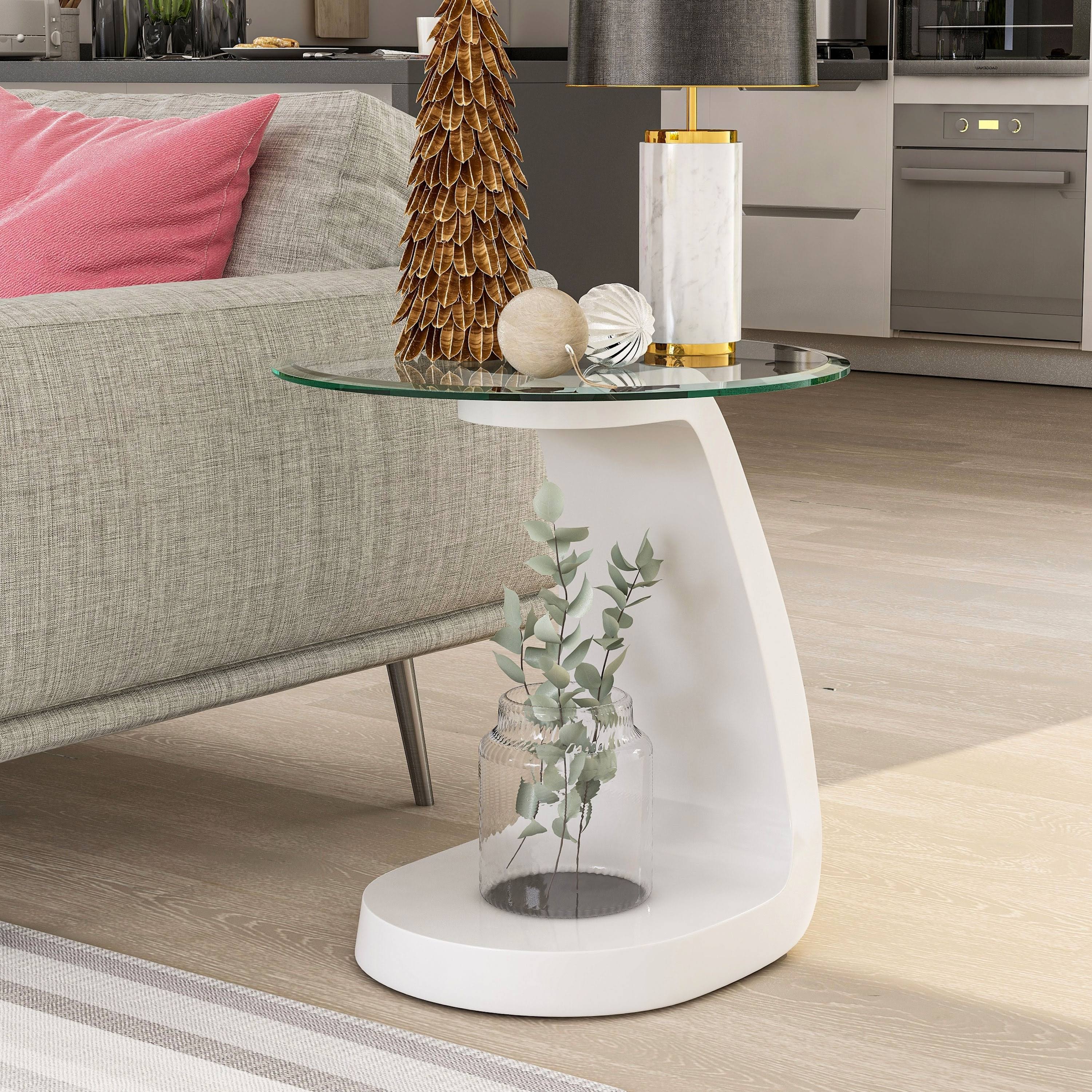 White High Gloss Glass Top End Table F570