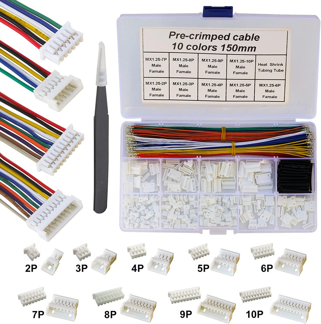 MX 1.25 Male Female Connector Kit with Pre-Crimped Cables, 240pcs Connectors and 200pcs 28AWG Cable R36828