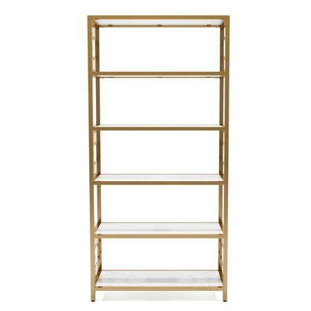 White Gold Metal and Wood 5-Shelf Bookcase R958