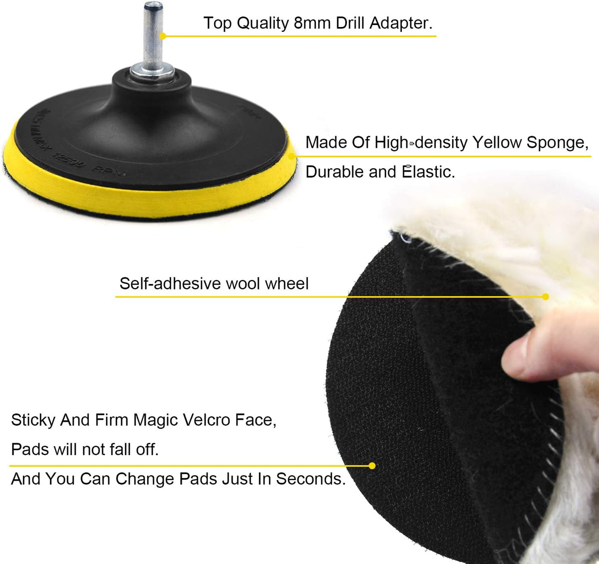 6 Inch 8PCS Wool Buffing Pads Kit with 5/8''-11 Thread Hook & Loop Backer Plate M727298