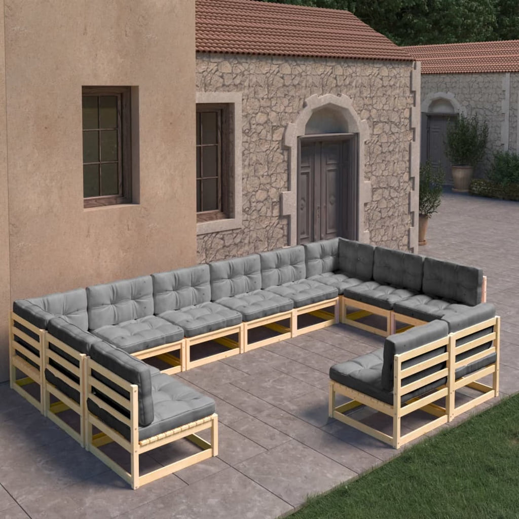 12 Piece Gray Cushioned Pinewood Sectional Outdoor Furniture Set Z5317