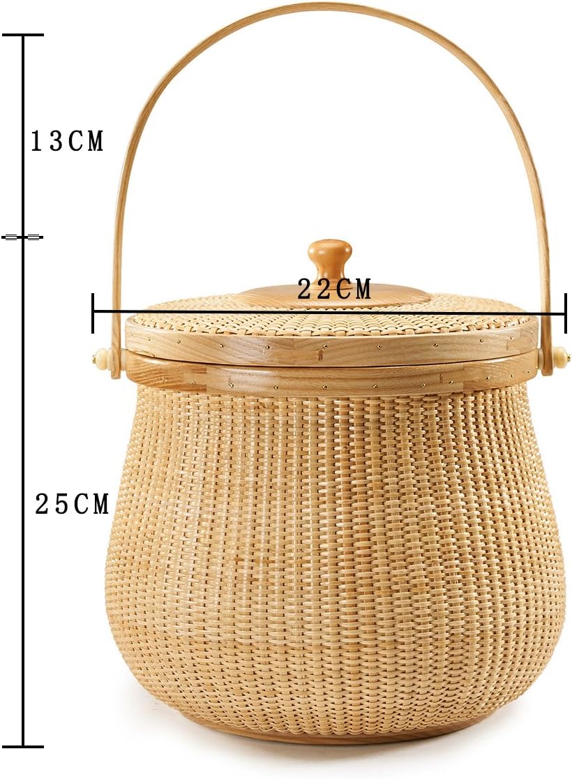 Natural ash wood and cane round baskets with swing handle removable lids X7512