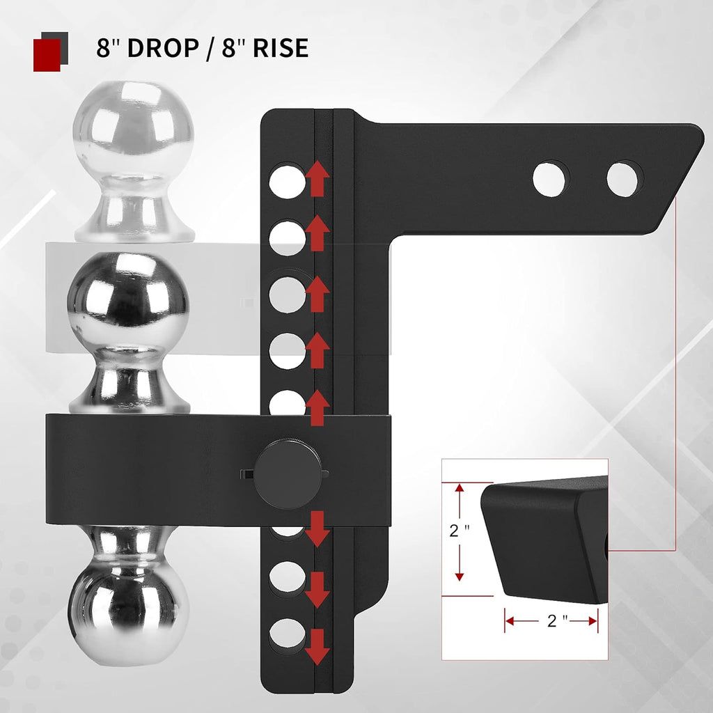 Adjustable Trailer Hitch Ball Mount, 2-Inch Receiver, 8-Inch Drop, Forged Aluminum Shank, 2-Inch and 2-5/16-Inch Combo Stainless Steel Tow Balls, Black T447