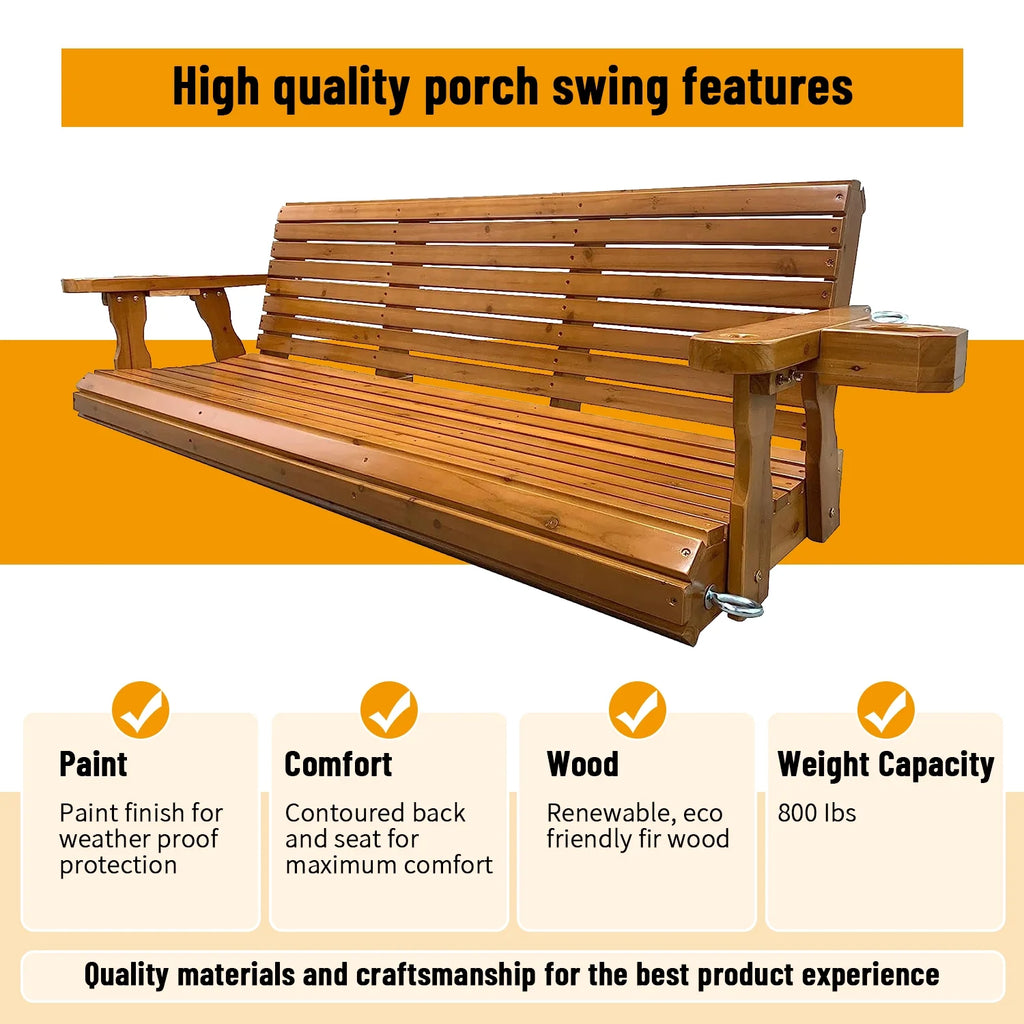 Brown Outdoor Wood Porch Swing with Cup Holders L540