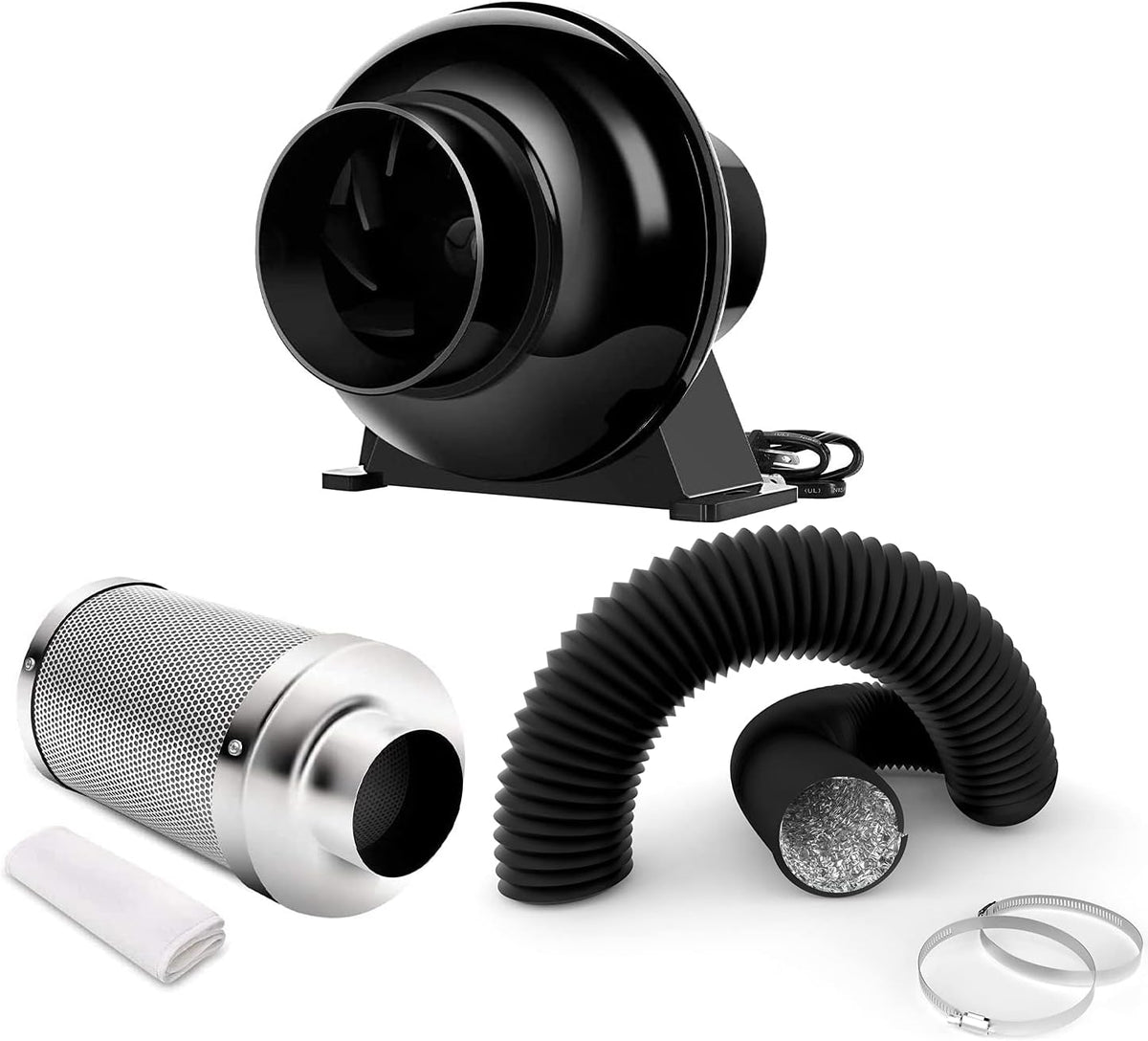 4 Inch 195 CFM Inline Fan with Carbon Filter and 8 Feet Ducting K8844