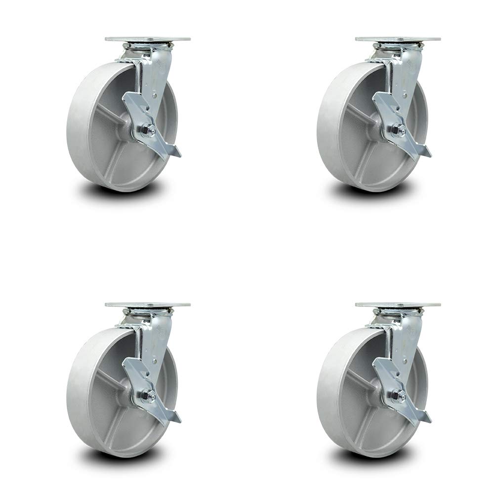 Semi Steel Cast Iron Swivel Top Plate Caster with 6" x 2" Silver Wheel & Top Lock Brake, Pack of 2 T687