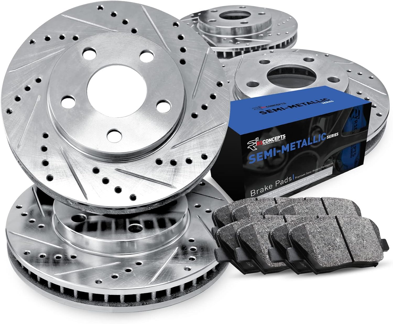 Front Rear Brake Rotors Drilled and Slotted Silver with Semi Metallic Brake Pads W698