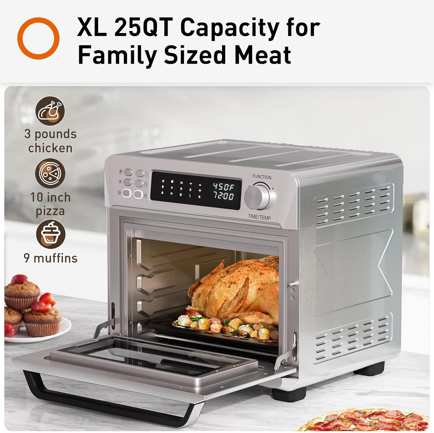 25QT 1700W Brushed Stainless Steel Air Fryer Toaster Oven X32392
