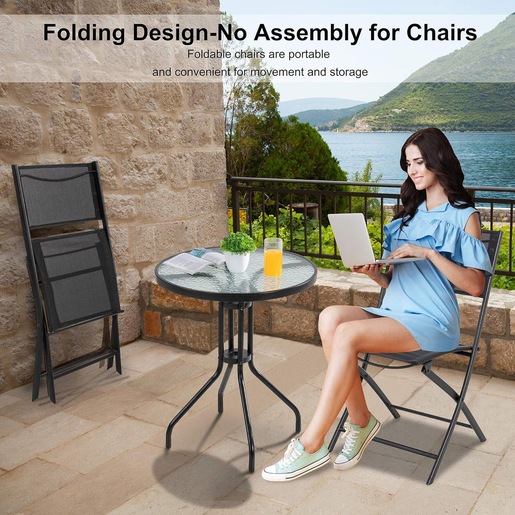 3 Piece Steel Textilene Folding Patio Bistro Set with Glass Table W249