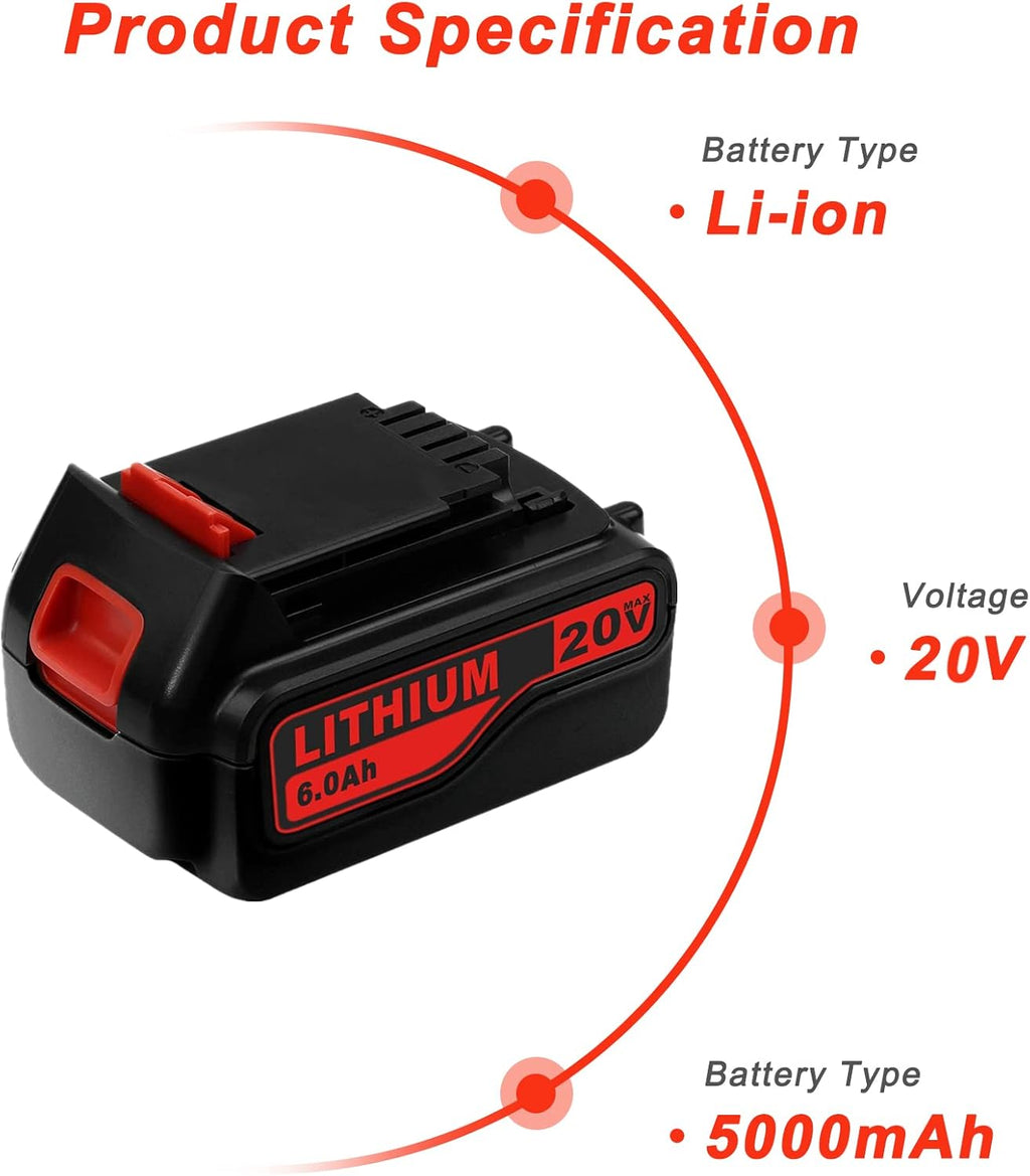 2 Pack 6.0Ah LBXR20 Battery Replacement for Black and Decker 20V Max Lithium Ion Cordless Tool Battery Z4409