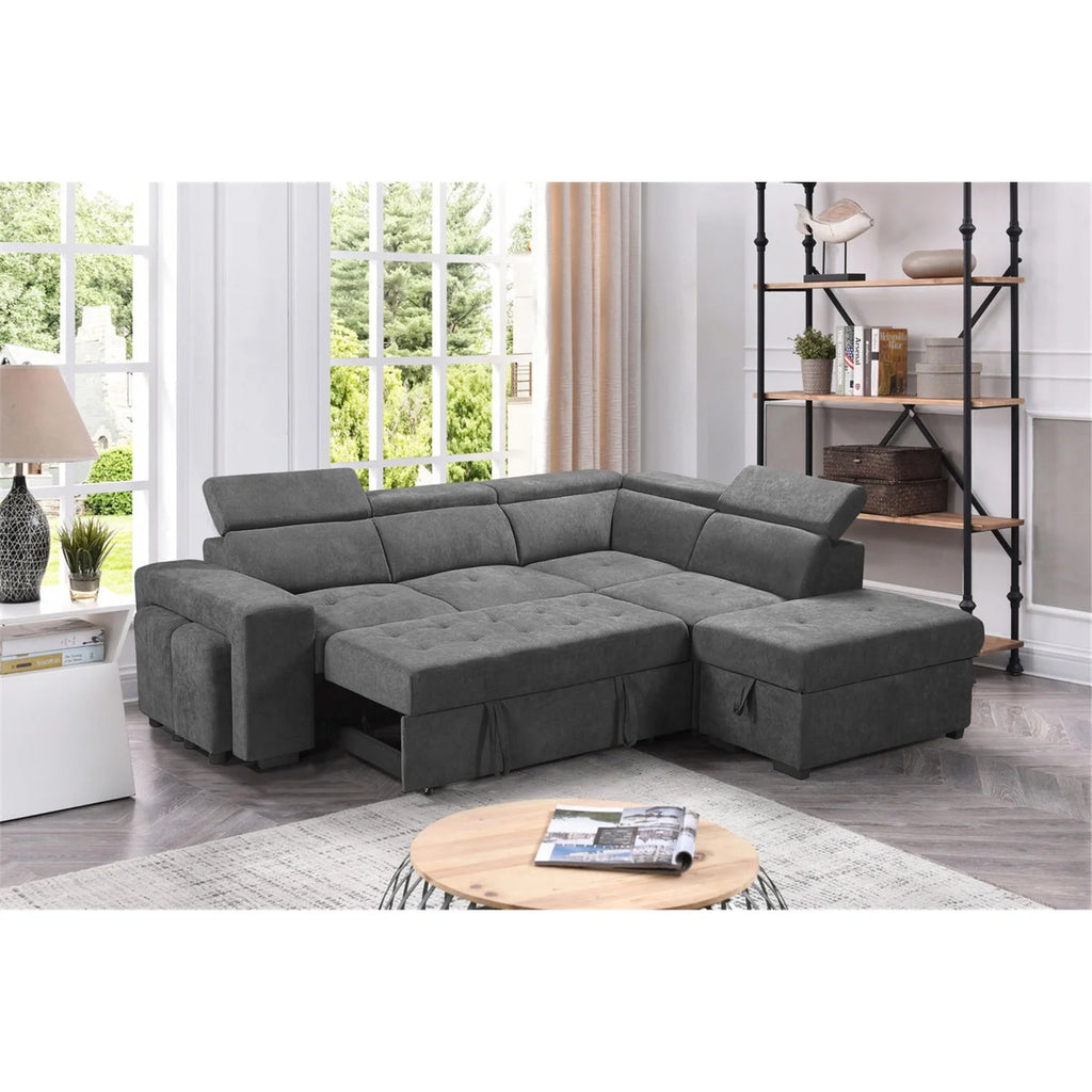 Light Gray Sleeper Sectional Sofa with Storage Ottoman and 2 Stools F682156