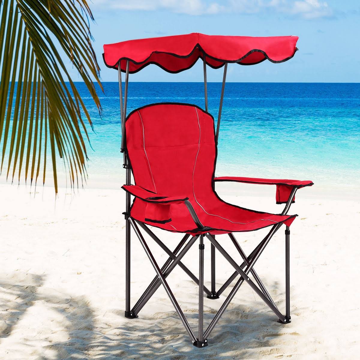 Red Portable Folding Beach Canopy Chair with Cup Holders U54505