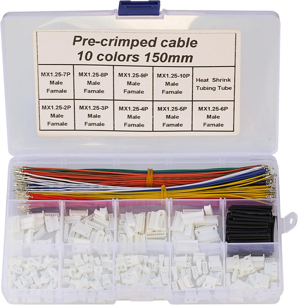 MX 1.25 Male Female Connector Kit with Pre-Crimped Cables, 240pcs Connectors and 200pcs 28AWG Cable R36828