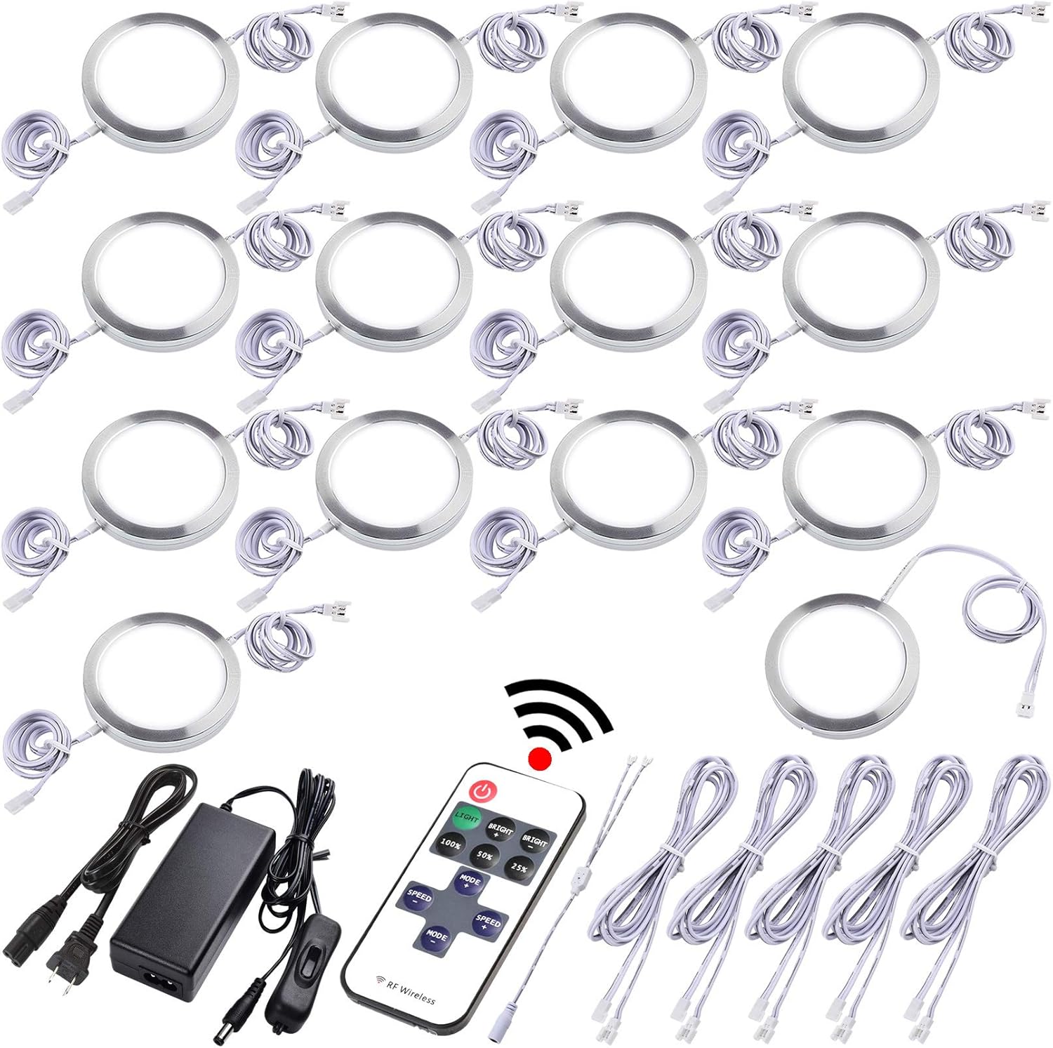 Under Cabinet LED Puck Lights, Dimmable Wireless RF Remote Control, Linkable Wired, AC120V to DC12V, Hardwired or Wall Plug, 14 Lights, Warm White O189635