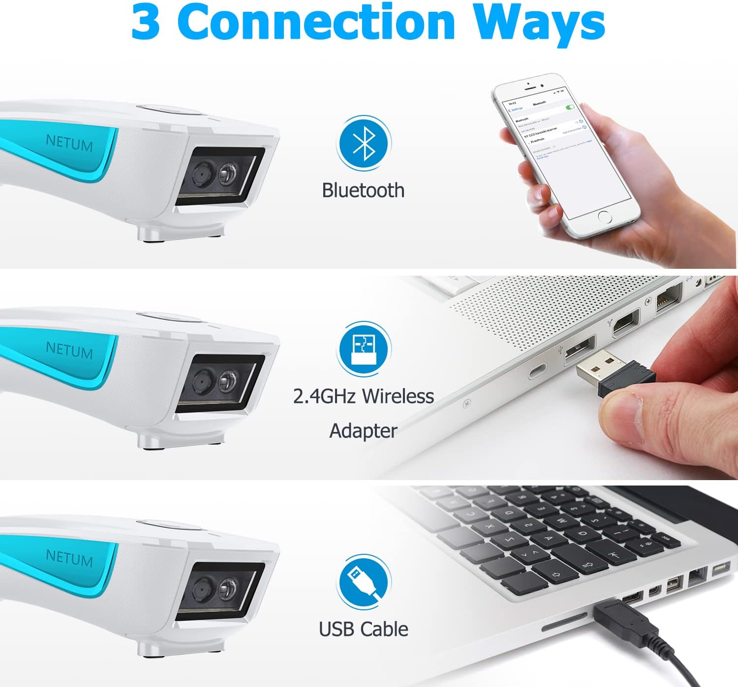 Wireless 2D QR Barcode Scanner, Bluetooth Portable Pocket Small 1D 2D Bar Code Reader, White Pack of 2 I737029