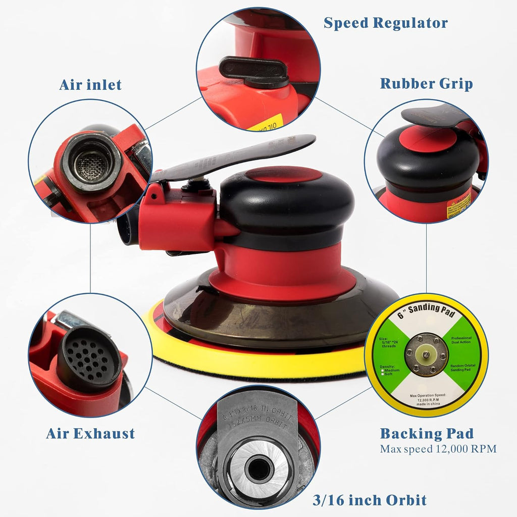 6-inch Air Random Orbital Sander, Pneumatic Sander with 10pcs Sandpapers, Pack of 2 O3783