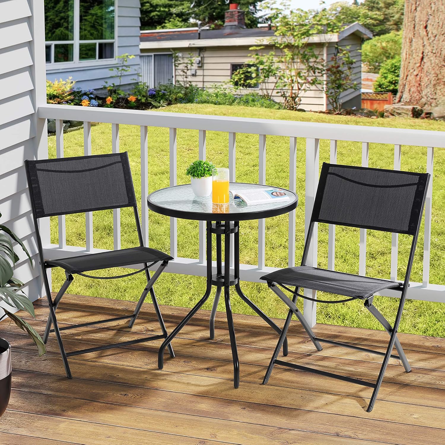 3 Piece Steel Textilene Folding Patio Bistro Set with Glass Table W249