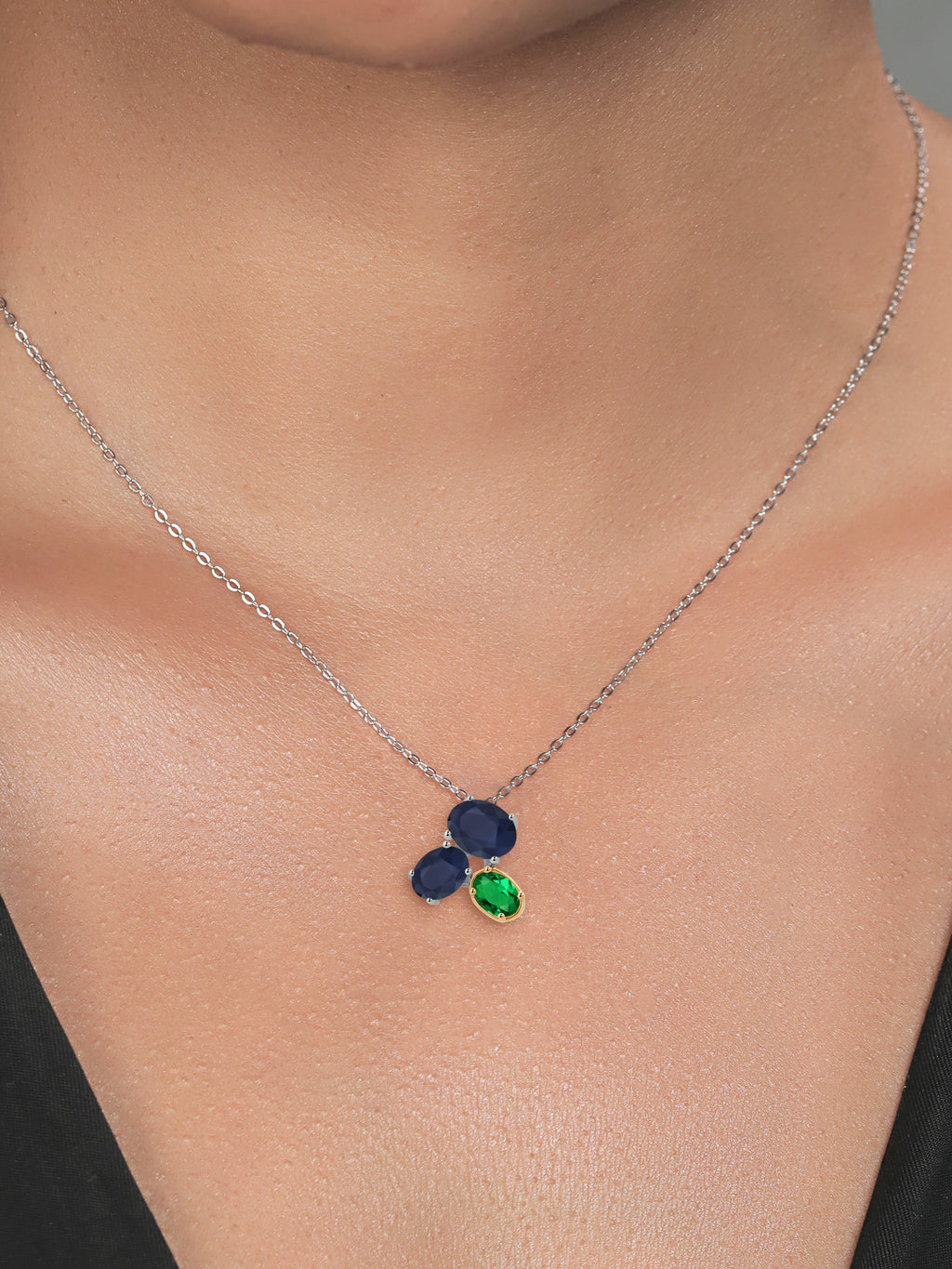 925 Silver 10K Yellow Gold Blue Sapphire Green Nano Emerald Pendant Necklace with 18 inch Chain U172075