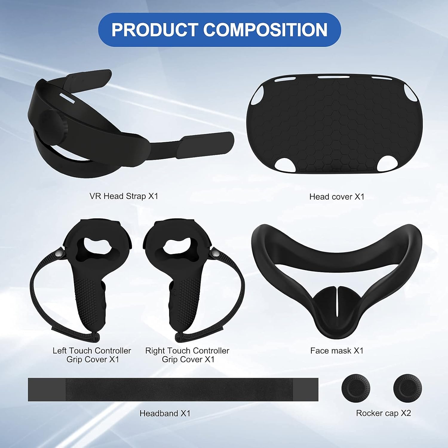 5-IN-1 VR Head Strap Kit with Face Cover, Controllers Cover, Cool Black H4305