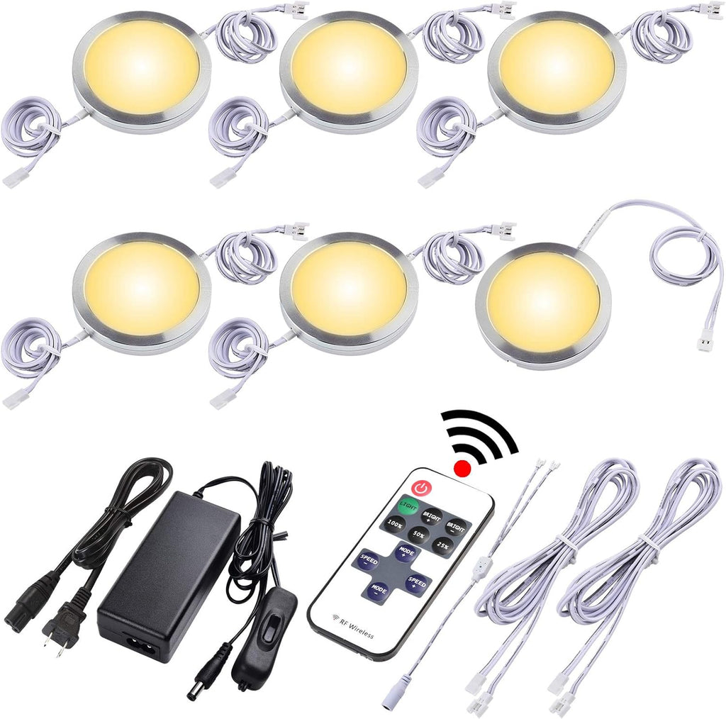 Under Cabinet LED Puck Lights, Dimmable Wireless RF Remote Control, Linkable Wired, AC120V to DC12V, Hardwired or Wall Plug, 14 Lights, Warm White O189635